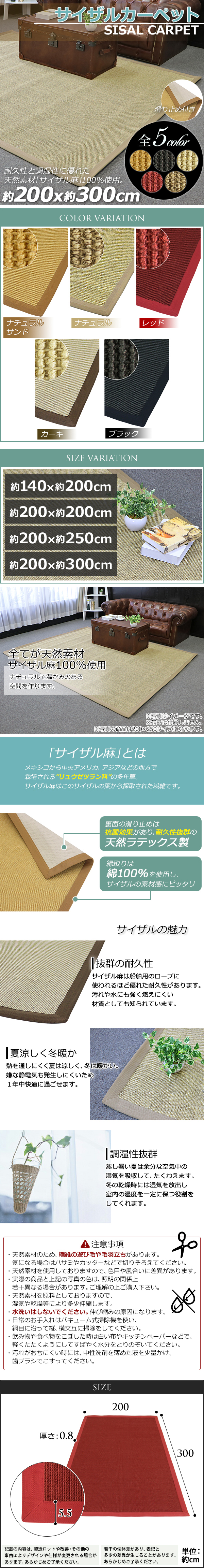 販売新品送料無料 サイザル カーペット 5カラー選択 200×300cm 約3.5畳 3.5畳 ラグ 絨毯 敷物 マット じゅうたん 麻 100%天然素材 自然素材 カーペット一般