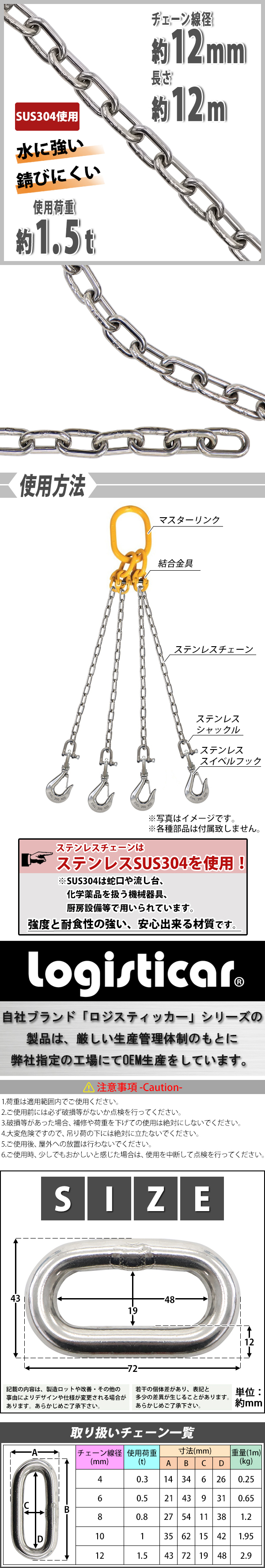 送料無料 チェーン 線径約12mm 使用荷重約4.6t 約4600kg 約1m G80 